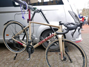 Prototipo de medidor de potencia basado en araña Campagnolo Super Record, Ryan Kamp Colnago G3-X, adelanto, bicicleta de entrenamiento de invierno